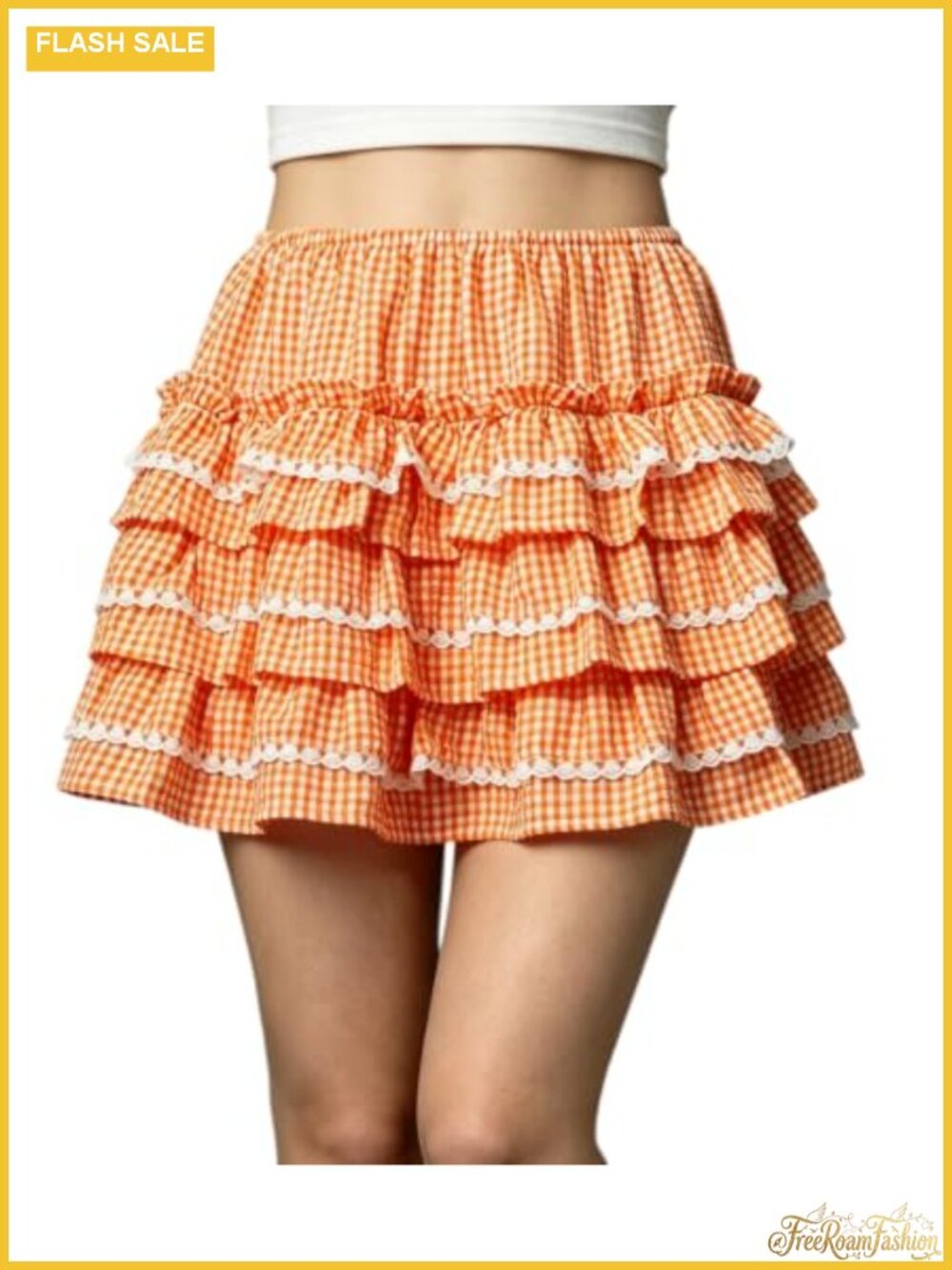 Gingham Tiered Ruffle Mini Skirt Lace Trim A-Line Layered Plaid Skirt